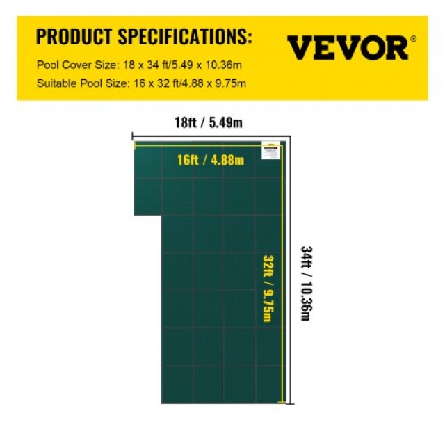 VEVOR Κάλυμμα Ασφαλείας Πισίνας 18 x 34 ft με Αριστερό Σκαλοπάτι  YYCMDZ16X32FTYBM6V0