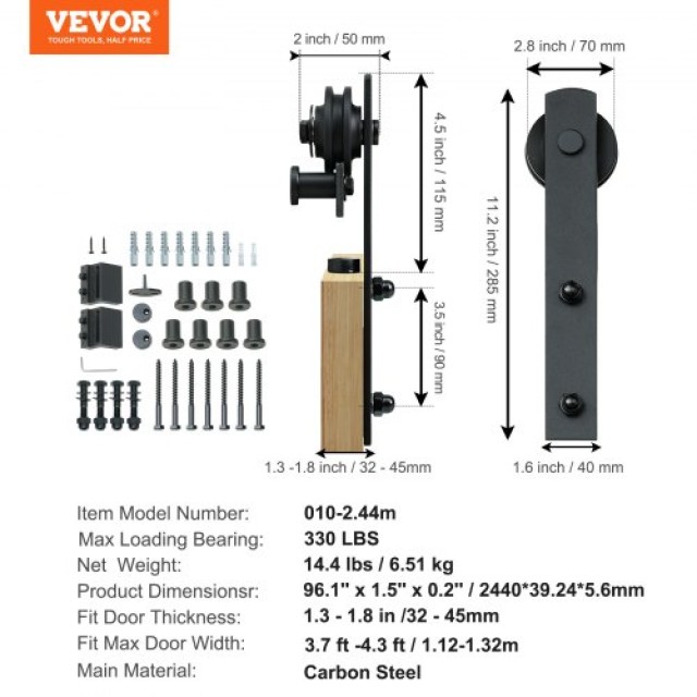 Σετ Συρόμενης Πόρτας VEVOR 8FT, Αντοχή 330LBS, για Πόρτα 3.7-4.3FT και Πάχος 1.3-1.8, Αθόρυβη Κύλιση  GCYMWJTJHS8FDEY4EV0