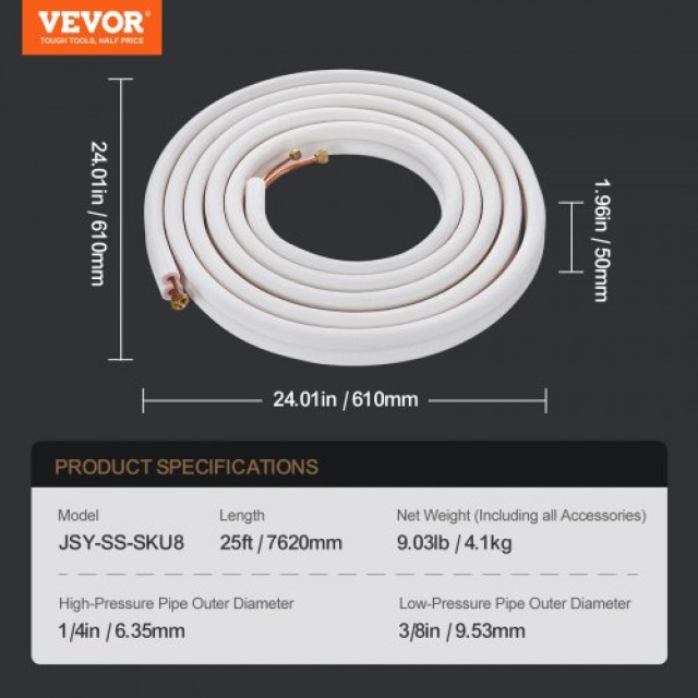 Σετ Σωληνώσεων VEVOR Mini Split 6.4x9.5 x7620mm Χαλκός AC με Καλώδιο Σύνδεσης  KDLJGTJ14INC1KXRQV0