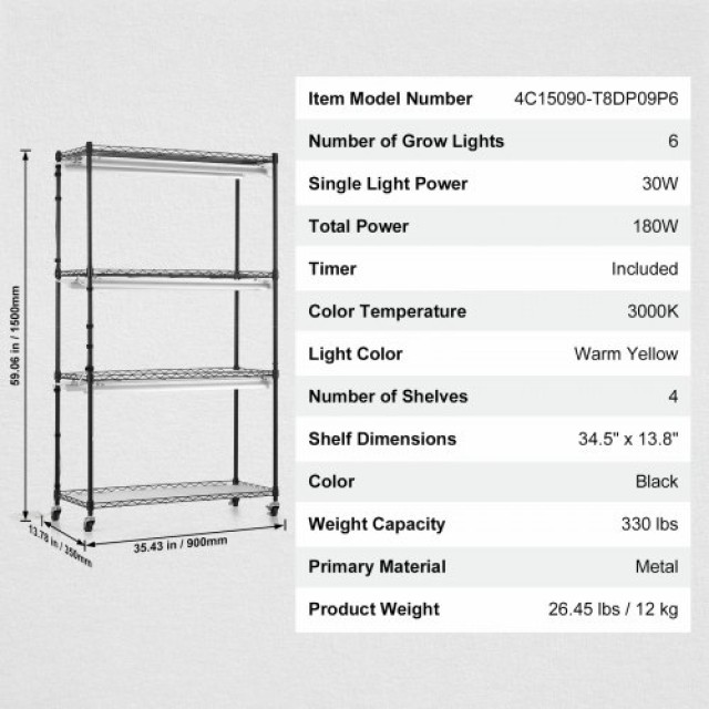 VEVOR  Ράφι Φυτών με Φώτα Ανάπτυξης 4 Επιπέδων 180W 150cm Ύψος GNZW...