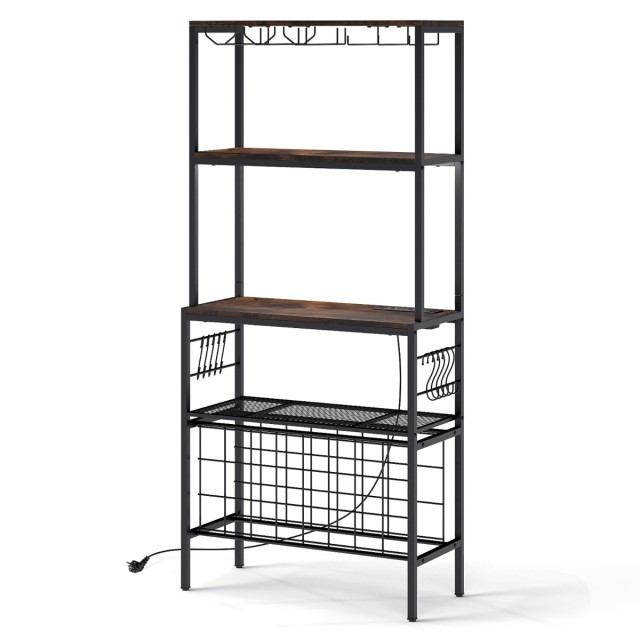 Costway Ρουστίκ Καφέ Ράφι Κρασιών με Πρίζα και Κρεμάστρες για Ποτήρ...