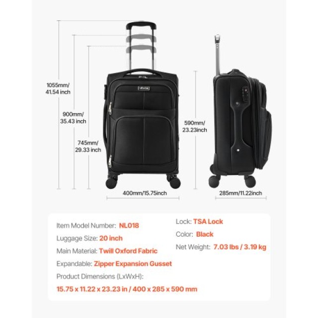 VEVOR Επεκτάσιμη Μαύρη Βαλίτσα Καμπίνας 51cm με Ρόδες Spinner BYKST...