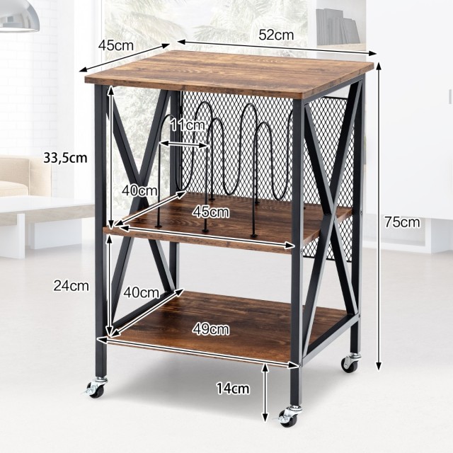 Costway Τροχήλατη Καφέ Ραφιέρα 3 Επιπέδων 52x45x75 cm JZ10096CF