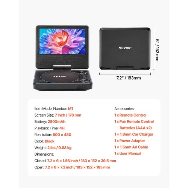 VEVOR Φορητό DVD Player με Οθόνη Περιστροφής 178 mm και 4ωρη Ενσωμα...
