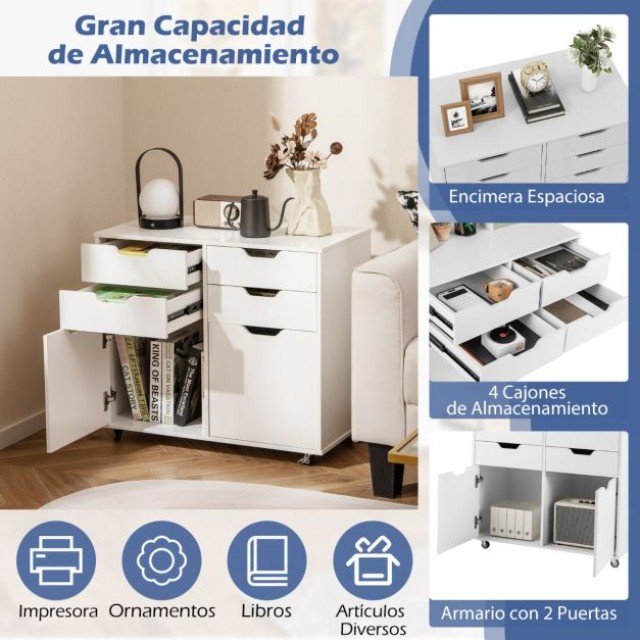 Συρταριέρα με 4 Συρτάρια, 2 Πόρτες & Ρόδες 73 x 40 x 64,5 cm Λευκό ...
