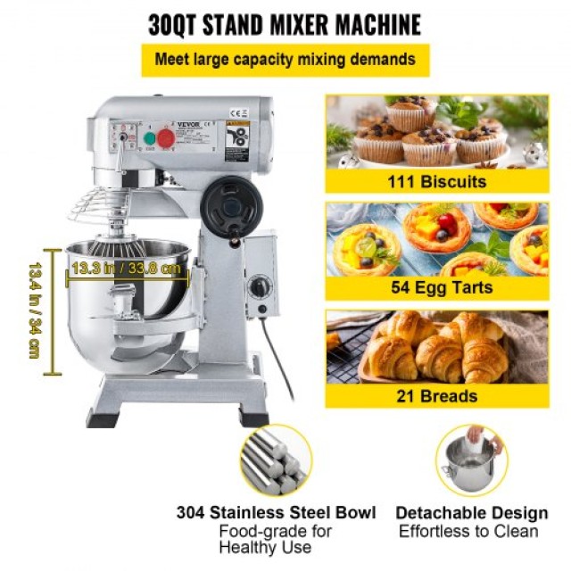 Επαγγελματικό Μίξερ VEVOR 30Qt, 1500W, 3 Ταχύτητες, Ανοξείδωτος Κάδος  DDSYJ30QT220VG0HFV2