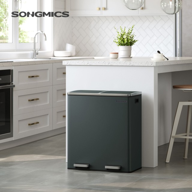 SONGMICS Κάδος Απορριμάτων 60L με 2 Θαλάμους 2 x 30L, Γκρι LTB60GS 