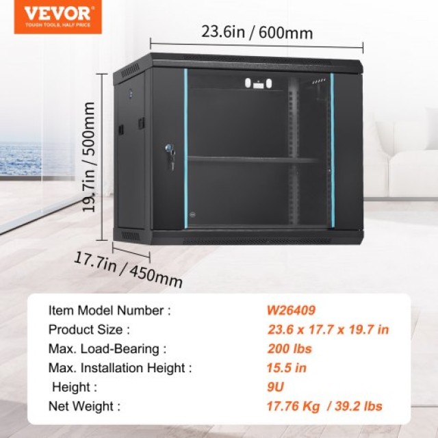 VEVOR 9U Επιτοίχιο Δικτυακό Ντουλάπι, 15.5 Βάθος, 200 lbs Φορτίο, με Κλειδωμένη Γυάλινη Πόρτα  WLJJGHBL9U1552RC3V0