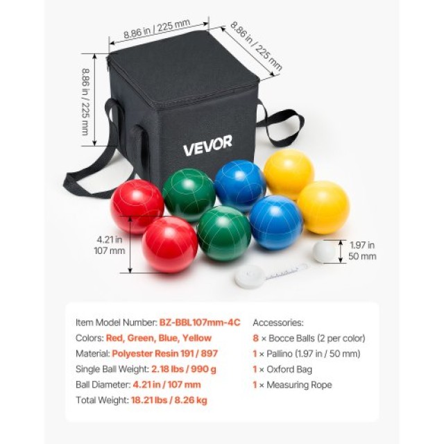 VEVOR Σετ Μπότσε με 8 Ρητινούχες Μπάλες 107mm σε 4 Χρώματα για Παρα...