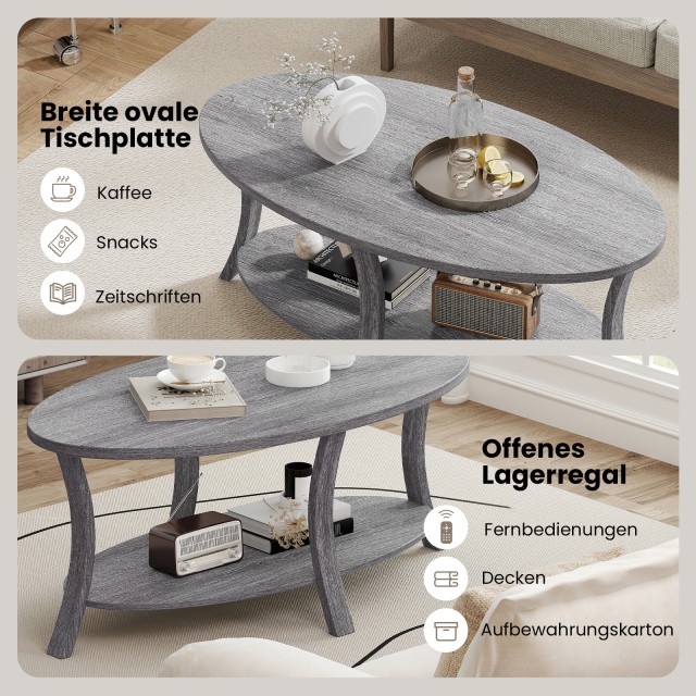 Costway Οβάλ Τραπεζάκι Σαλονιού με Ράφι, Διόροφος Βοηθητικός Τραπεζ...