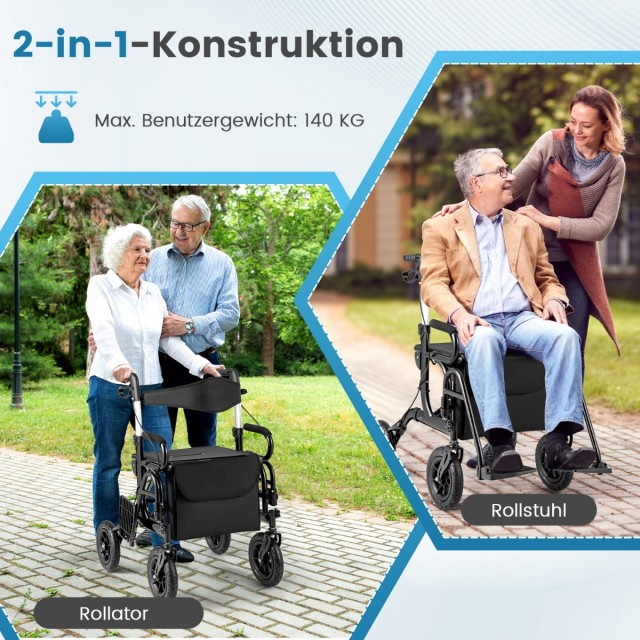 Costway Πτυσσόμενος Ελαφρύς Rollator με Φουσκωτούς Τροχούς και Κάθισμα 2 σε 1 Μαύρος JH10028BK