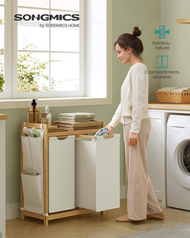 SONGMICS Δίχωρο Καλάθι Ρούχων με Ράφια από Μπαμπού 67x33x78cm RLH100W01