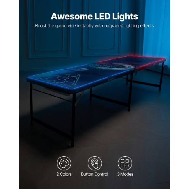 VEVOR Φορητό Τραπέζι Μπιραπονγκ 2.4μ με LED και Χειρολαβή Μεταφοράς ZDPJYXZLEDDKK45CDV9