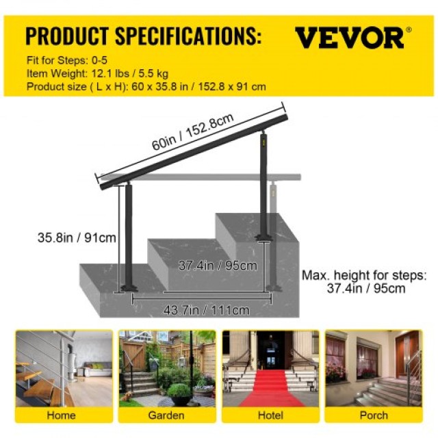 Κιτ Κάγκελου Σκάλας VEVOR, 5 FT Μαύρο Αλουμινένιο Χερούλι για 0-5 Σκαλοπάτια  SNLZSLZYGL5FT1GTPV0