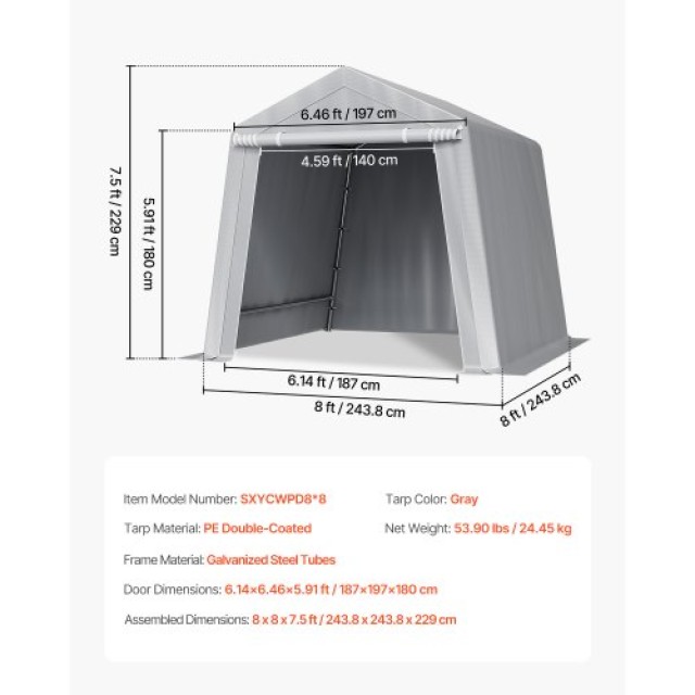 VEVOR Υπαίθριο Στέγαστρο Αποθήκευσης 8x8 ft Αδιάβροχο Στέγαστρο Οχή...