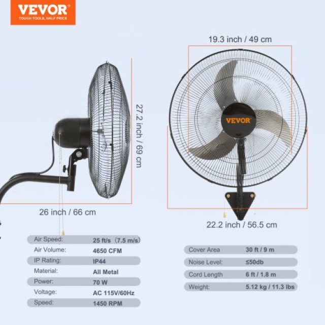 VEVOR Μεταλλικός Ανεμιστήρας Τοίχου 49 εκ. 3 Ταχύτητες  GYBGSFSYCSF203K0JV2