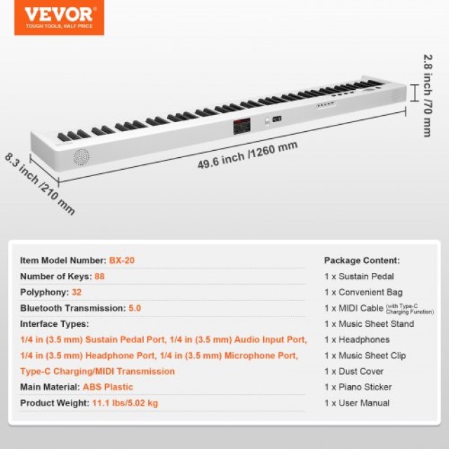 VEVOR  Φορητό Πιάνο 88 Πλήκτρων Bluetooth MIDI Λευκό  ZDSMGQ88JBSWOIOKJV9