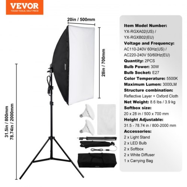 VEVOR  Σετ Φωτισμού Softbox 20x28 30W 5500K LED Ρυθμιζόμενη Βάση  SYRGZMTZ2028OMN8TV2