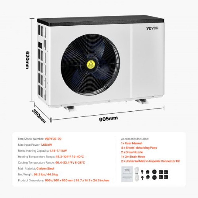 VEVOR Ηλεκτρική Αντλία Θερμότητας Πισίνας 1.48-7.11kW Εξοικονόμηση Ενέργειας με Μεταβλητή Συχνότητα YCRBOZZG1487KIF00V7