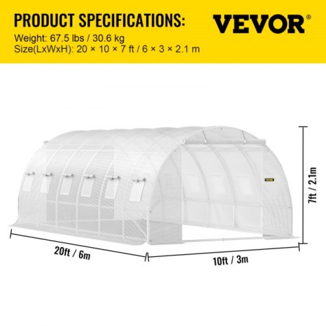 VEVOR Θερμοκήπιο Σήραγγας 20x10x7 ft με Γαλβανισμένους Στύλους & 12 Παράθυρα, Λευκό  YDSDWS20107FTYBYXV0