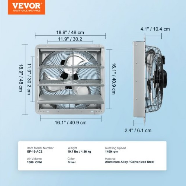 VEVOR Ανεμιστήρας Εξαερισμού Τοίχου 406 mm 1506 CFM AC  BYCSPQSDJAC16NRV5V2