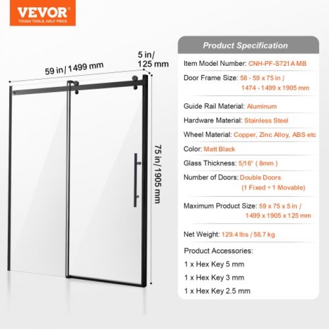 VEVOR  Πόρτα Ντουζιέρας Χωρίς Πλαίσιο 58-59 x 75 Μαύρο Ματ Γυαλί 5/16  WBKSYMTLYSM81UGS3V0