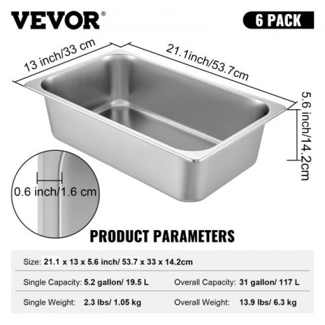VEVOR  Σετ 6 Βαθιών Ταψιών Ατμού 53x32.5x15cm Ανοξείδωτα για Φούρνο...