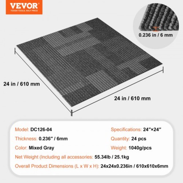 Πλακάκια Χαλιού VEVOR 24x24 με Ενσωματωμένη Επένδυση, Εύκολη Εγκατά...
