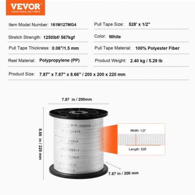 Ταινία Έλξης VEVOR 1/2 x 528, Αντοχή 1250 lbf, Λευκή  DLLDB161M127MG4XHV0