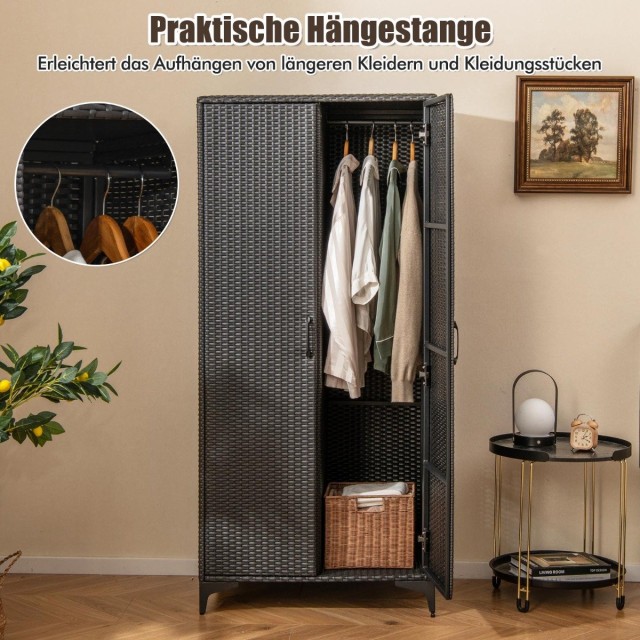 Costway  Πλεκτή Ντουλάπα Αποθήκευσης PE-Rattan με Ράγα & 4 Ράφια 72 x 50 x 157 cm  Μαύρο JZ10260DK
