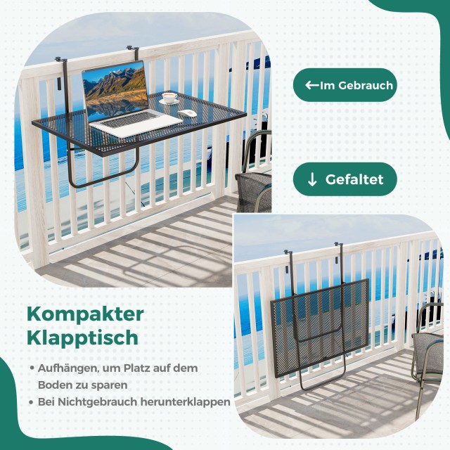 Costway Κρεμαστός Πτυσσόμενος Μεταλλικός Τραπέζι Μπαλκονιού σε Μαύρ...