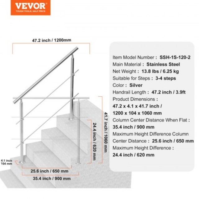 VEVOR  Κουπαστές 47.2 για Εξωτερικά Σκαλοπάτια με 2 Σταυρούς για Βεράντα/Κατάστρωμα BXGSLZFS120CW8DDJV0