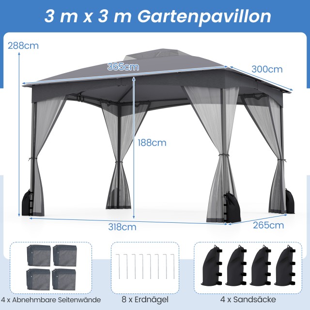 Costway Γκρι Αδιάβροχο Πτυσσόμενο Κιόσκι 3x3,6 m με Διπλή Οροφή NP1...