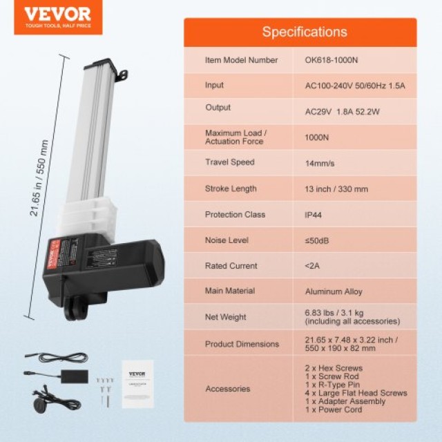 VEVOR  Σετ Γραμμικού Ενεργοποιητή 24V 13 0.55/s 220lbs/1000N με Προστασία IP44 24VXXZXQ13INJU8YNV2