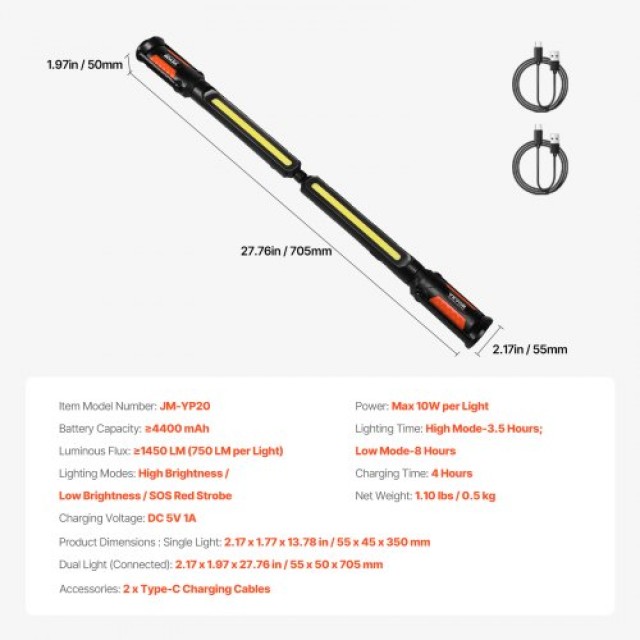 VEVOR Φωτιστικό Εργασίας LED 1450LM 4400mAh Επαναφορτιζόμενο Μαγνητικό KKZYQGXKCDFG4CQRMV9