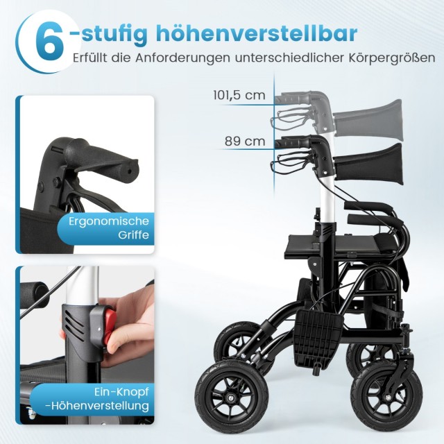 Costway Πτυσσόμενος Ελαφρύς Rollator με Φουσκωτούς Τροχούς και Κάθισμα 2 σε 1 Μαύρος JH10028BK