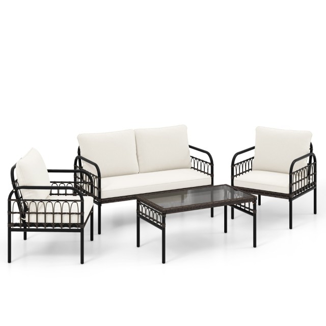 Costway Σετ Κήπου 4τμχ με 2 Πολυθρόνες Rattan & Παγκάκι & Τραπέζι μ...