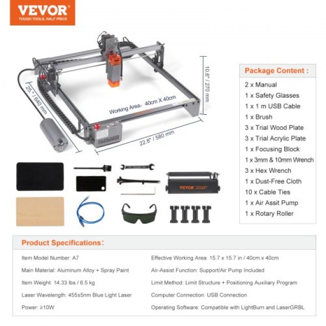 VEVOR Μηχάνημα Χάραξης Λέιζερ 10W με Κυλινδρικό Ρόλερ  KZXS10W4140CMBA57V2
