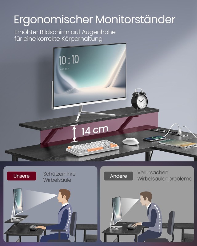 VASAGLE Γραφείο Γωνιακό με Ράφι & LED, 2 Συρτάρια, 2 USB, Μαύρο 