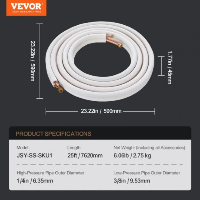 Σετ Σωληνώσεων VEVOR 7620mm για Κλιματιστικά Mini Split με Χάλκινους Σωλήνες και Τριπλή Μόνωση  KDLJTG25FT14RVL0CV0