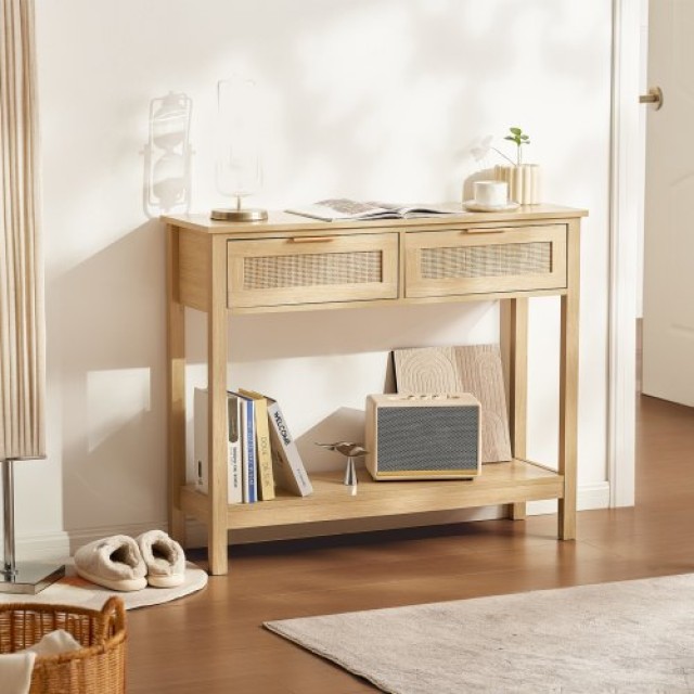 Τραπέζι Κονσόλα VEVOR Rattan με 2 Συρτάρια και Συρόμενη Πόρτα Φυσικό  TBXGZ2CMSYGBWFU0TV0