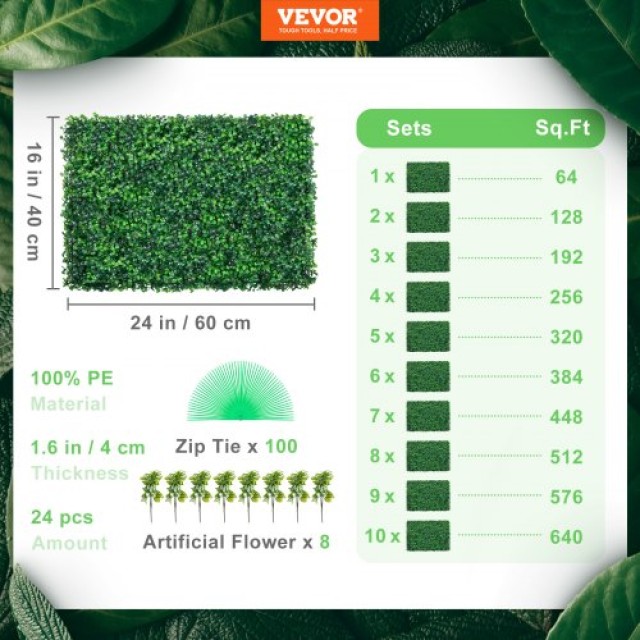 VEVOR Τεχνητό Πάνελ Πράσινου 24 x 16 UV 24τμχ για Διακόσμηση & Ιδιωτικότητα  MLCZWQ24PC24X1601V0