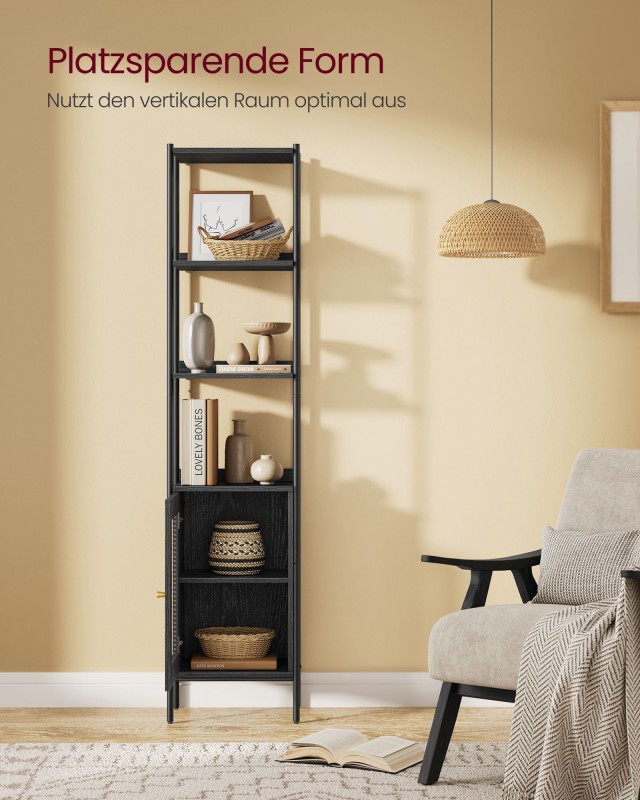 VASAGLE Βιβλιοθήκη 6 Επιπέδων με Πόρτα Rattan, Ραφιέρα για Σαλόνι 