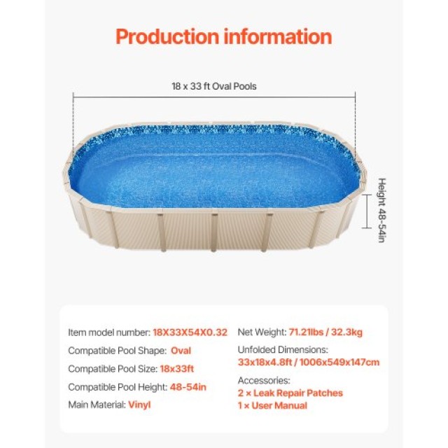 VEVOR Επικάλυψη Επένδυσης Πισίνας Οβάλ 18x33ft για Ύψος Τοίχου 54in YCNCOVAL1833O5421V0