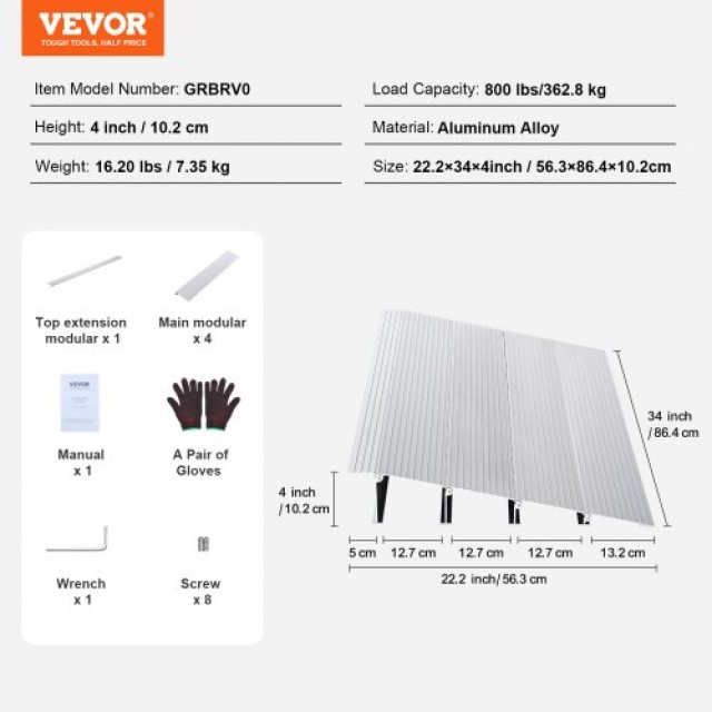 Ράμπα Πόρτας VEVOR, 4 Ύψος, 800 lbs Φορτίο, Αλουμινίου, Ρυθμιζόμενη για Αμαξίδια  PJSMJLPD4YC70GRBRV0
