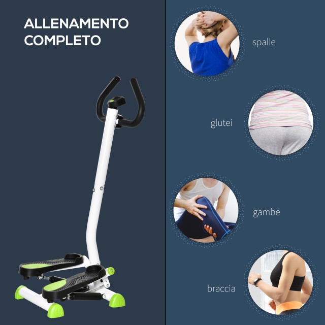 HOMCOM Stepper με τιμόνι, οθόνη LCD και αντιολισθητικά πετάλια, 55x44x108 εκ., λευκό και πράσινο A90-263WT