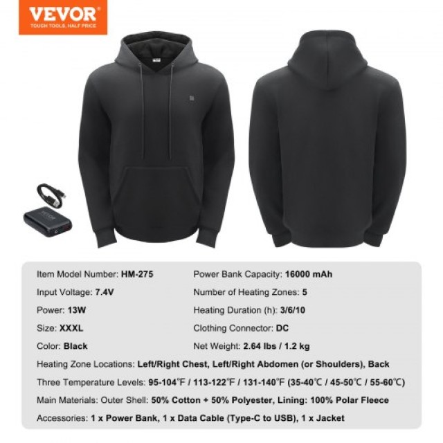 VEVOR  Θερμαινόμενο Φούτερ Unisex με Μπαταρία για Άνδρες & Γυναίκες XXXL Μαύρο JRWYTTSHSDDCV9ED9V9