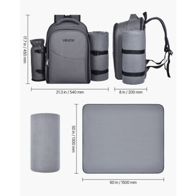 VEVOR Τσάντα Πικνίκ Παραλίας για 2 Άτομα με Θερμομονωτικό Χώρο Γκρι...