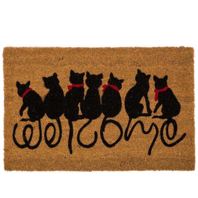 BAKAJI  Χαλάκι Εισόδου Γάτες Welcome από Ίνες Καρύδας 60x40cm Είσοδος Σπιτιού Καφέ  02816961