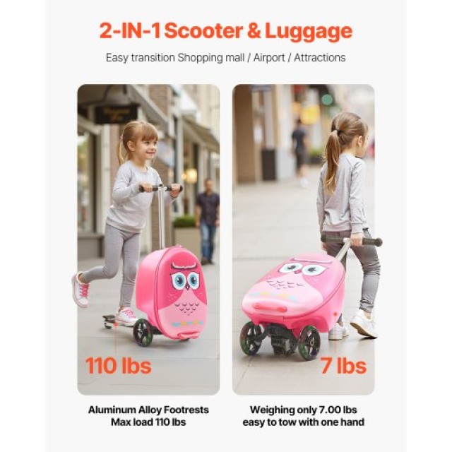 VEVOR Παιδική Βαλίτσα-Σκούτερ 20 ιντσών με Φωτιζόμενες Ρόδες Ροζ FD...